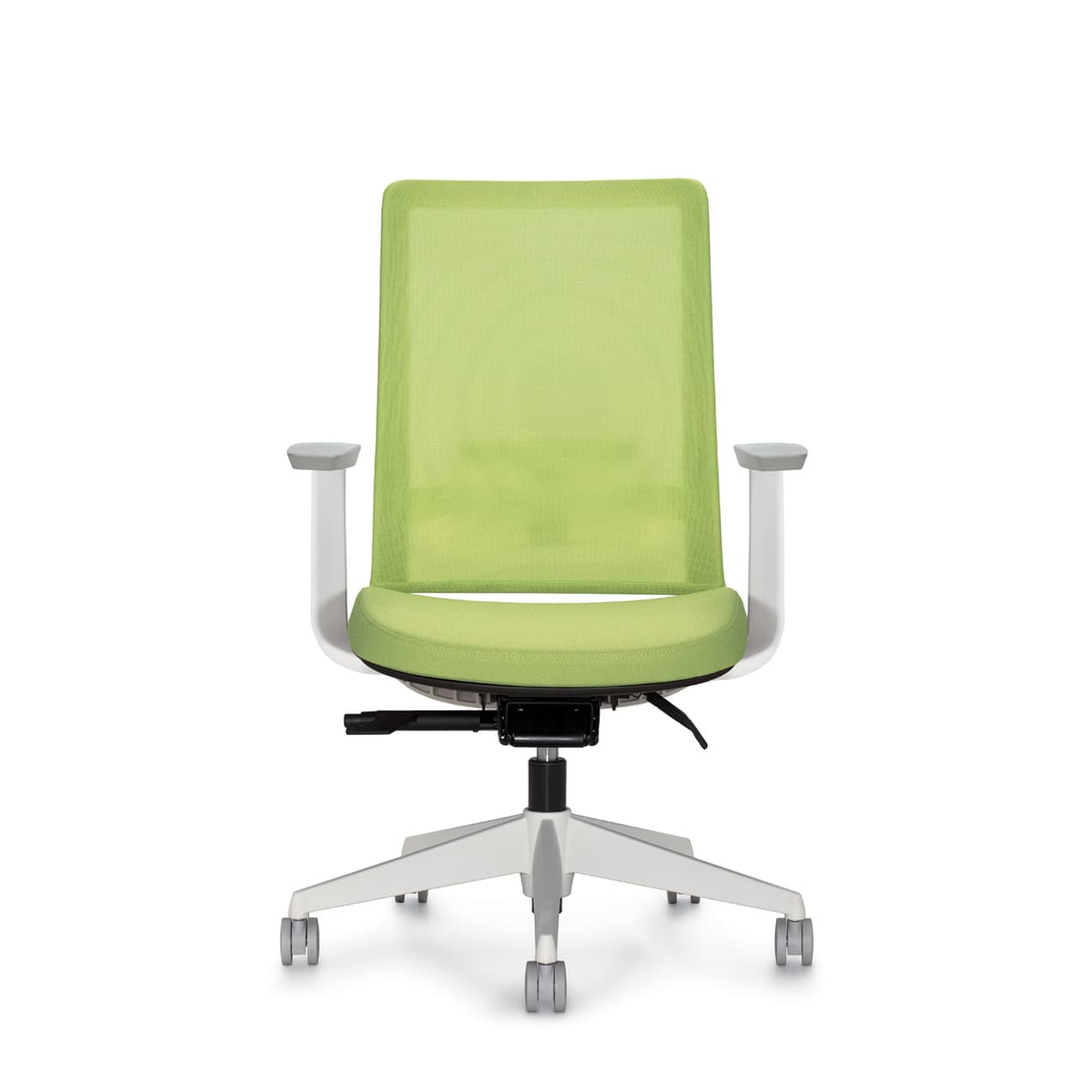 Front view of the Factor high back ergonomic task chair in green mesh upholstery with adjustable arms and a caster base.