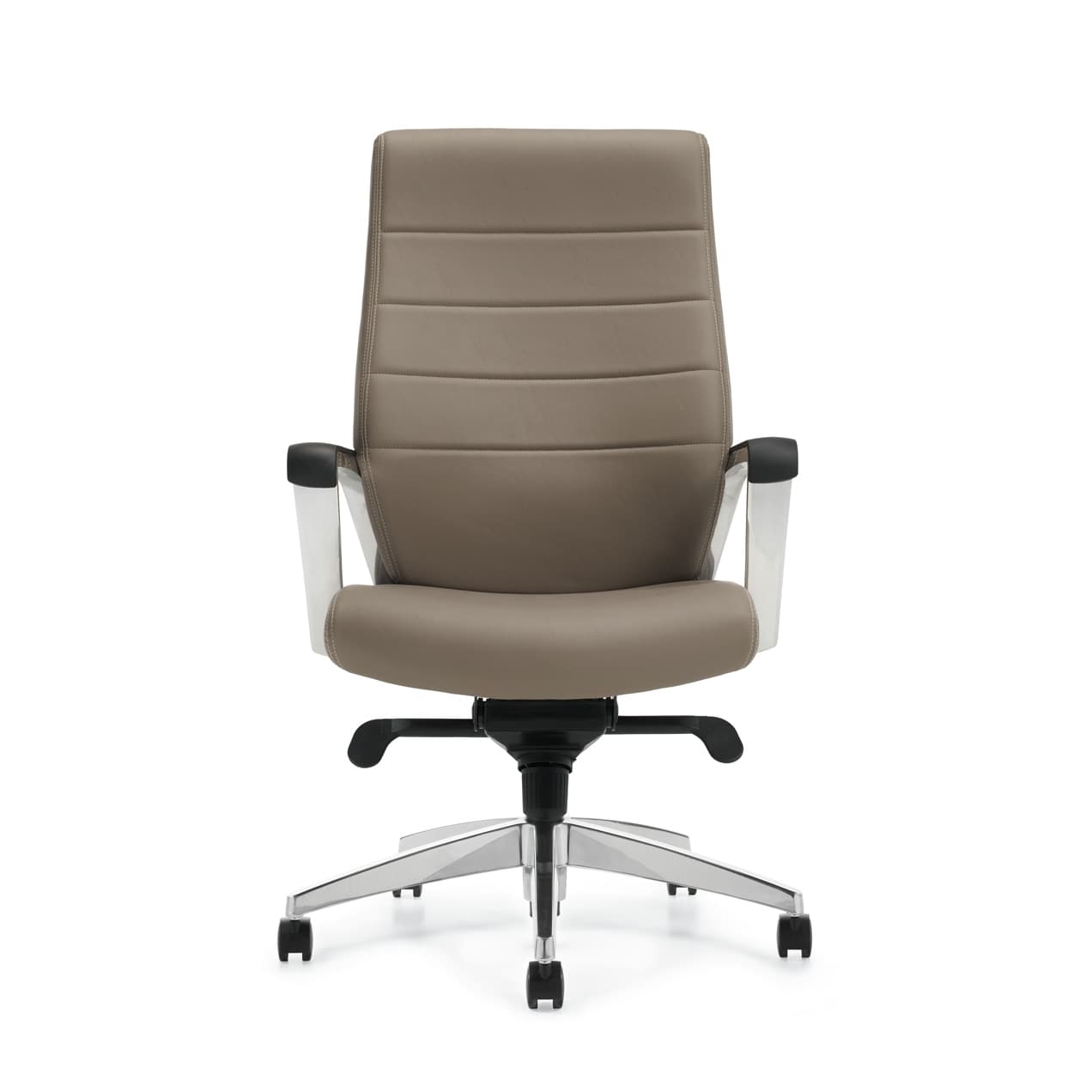 Front view of the Luray leather office chair with a high back, fixed aluminum arms with armcaps, and a caster base.