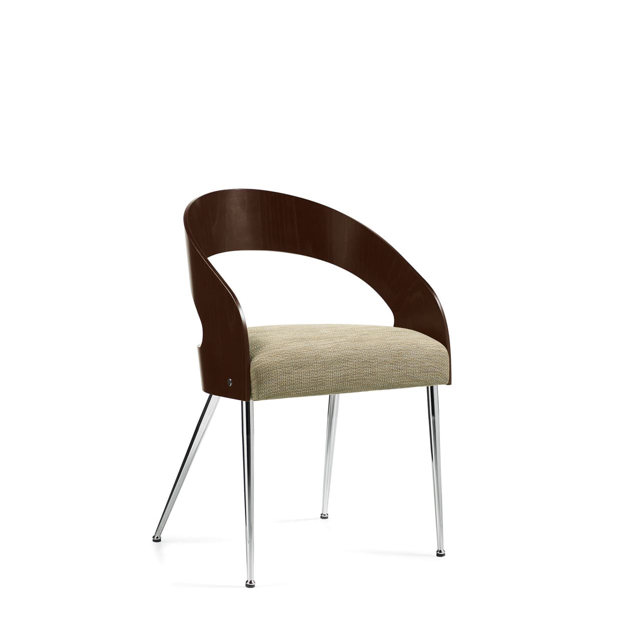 Three quarter view of the Marche guest chair with an open wood back, beige upholstered seat, and metal legs.