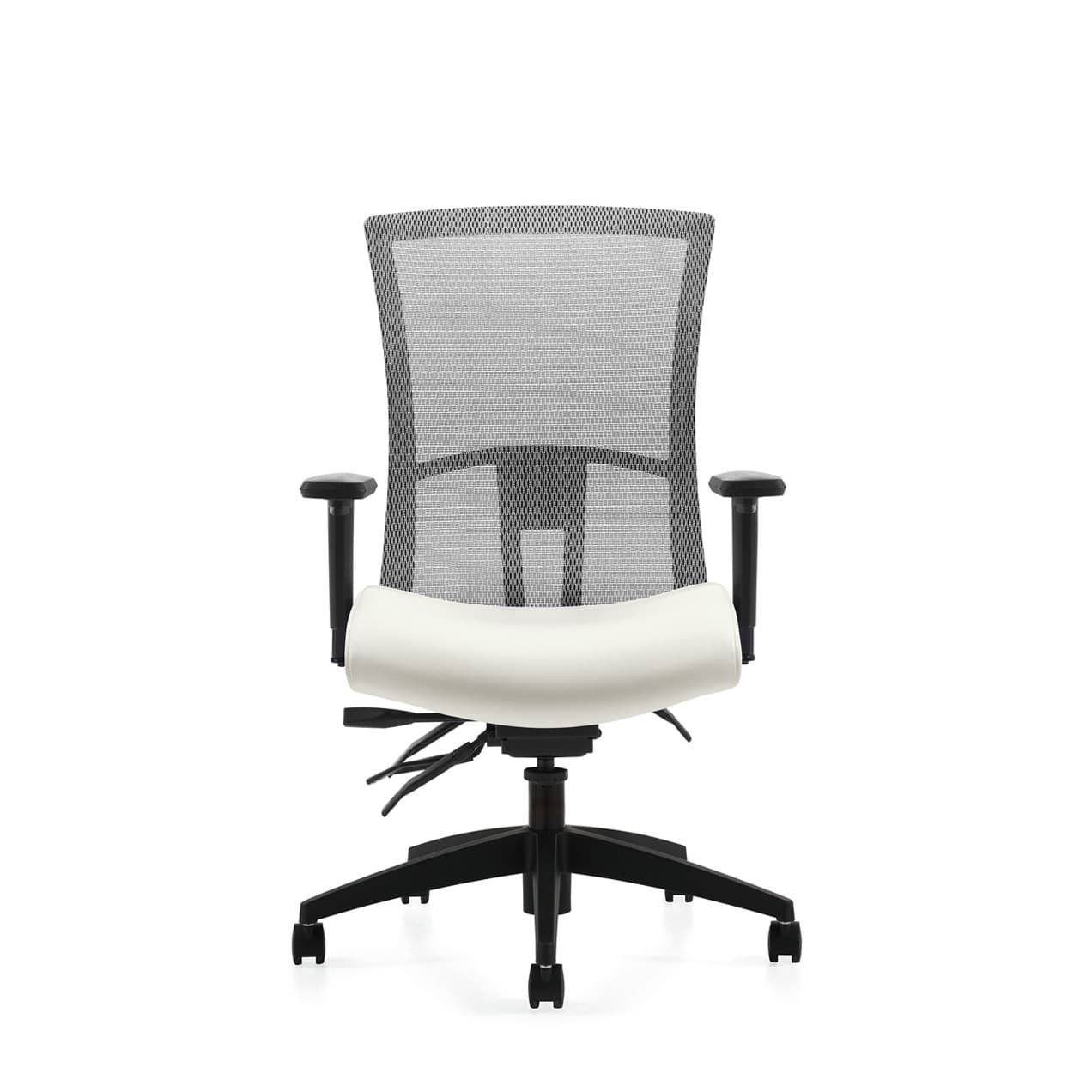 Front view of the Vion ergonomic work chair with a white mesh back and upholstered seat, adjustable arms, and casters.