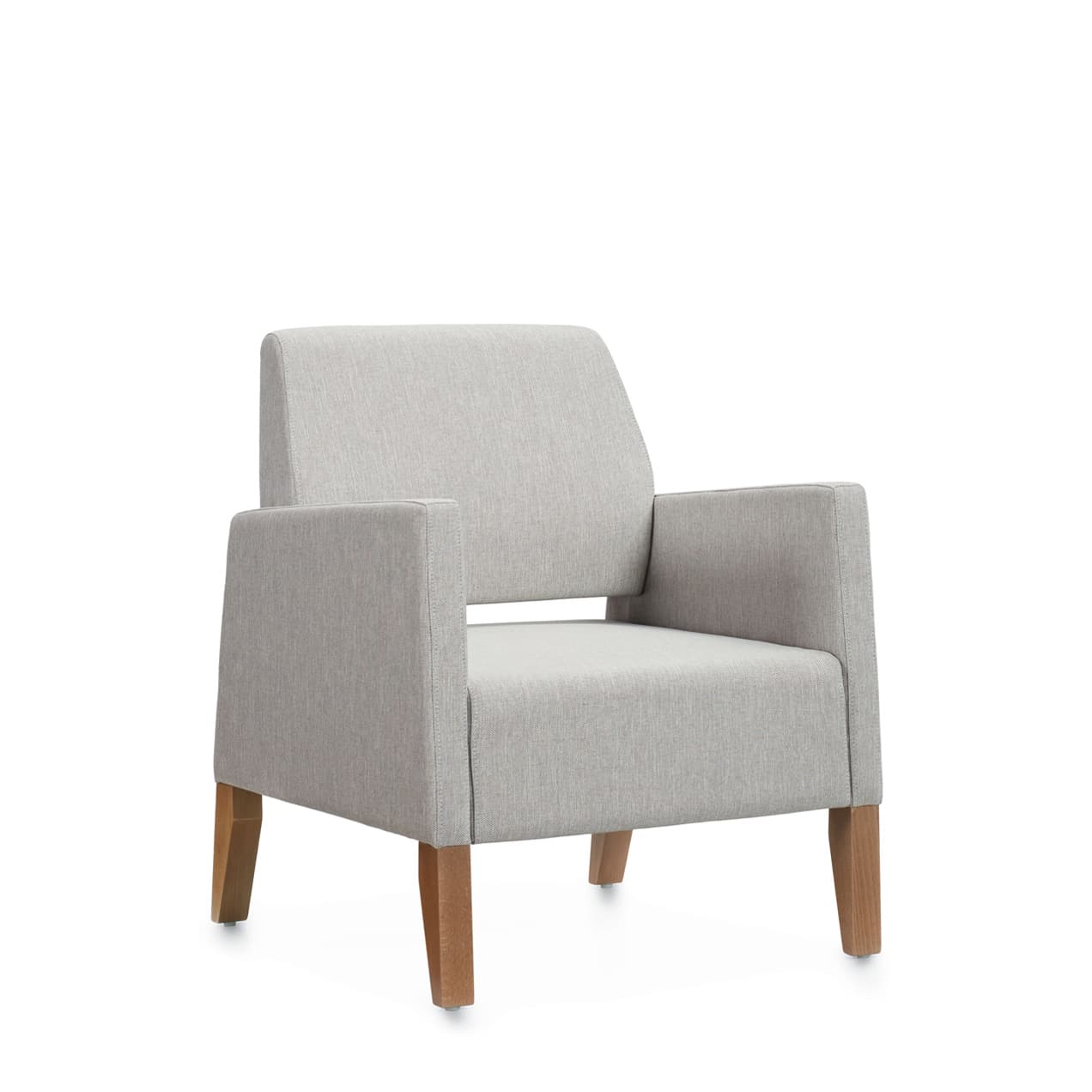 Three quarter view of the Calidon fully upholstered lounge armchair in grey with wooden legs.