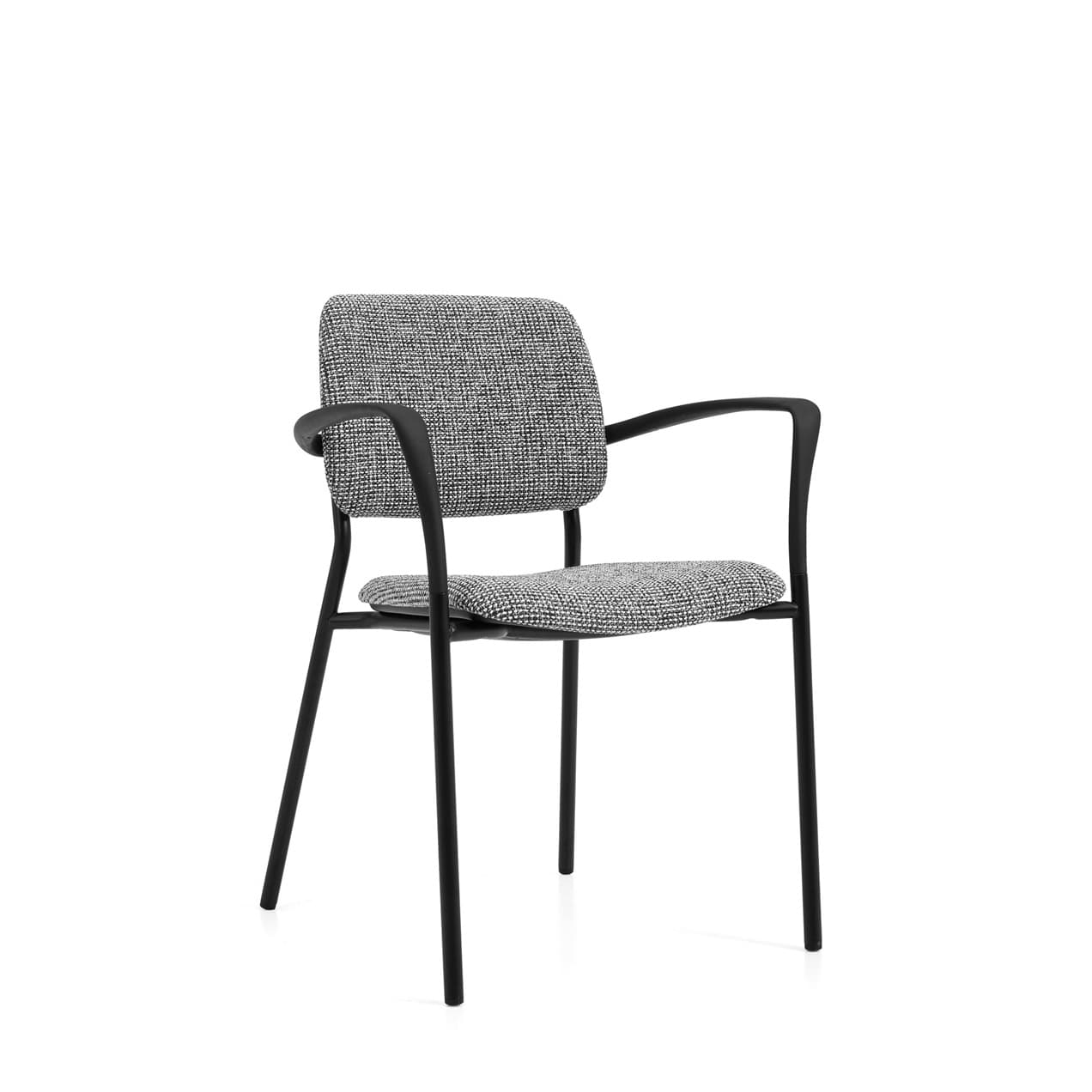 Three quarter view of the Willow guest and side armchair in black and white patterned upholstery.