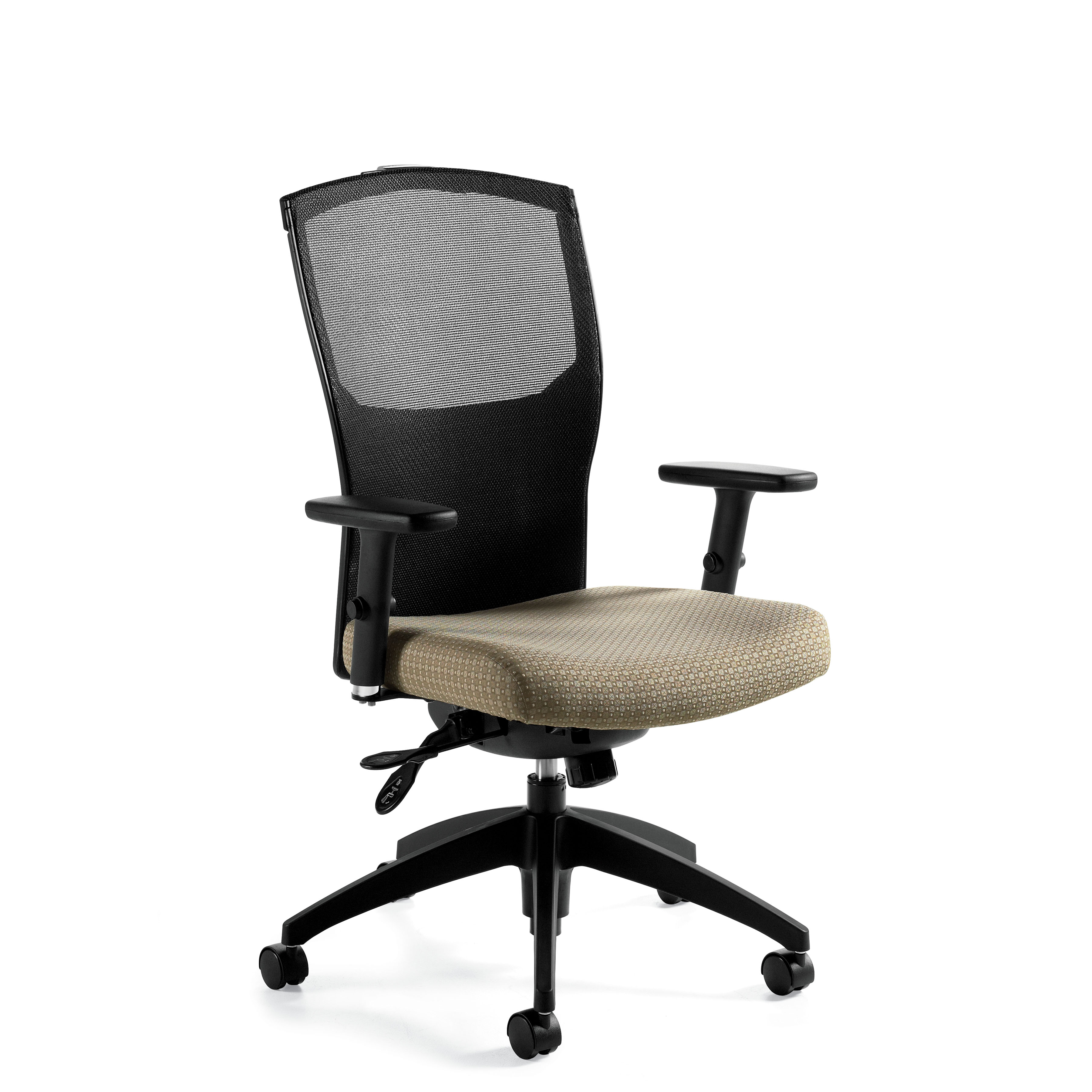 Global Furniture Group, Alero's fully upholstered or breathable mesh back and visually sculptured lumbar adjustment create